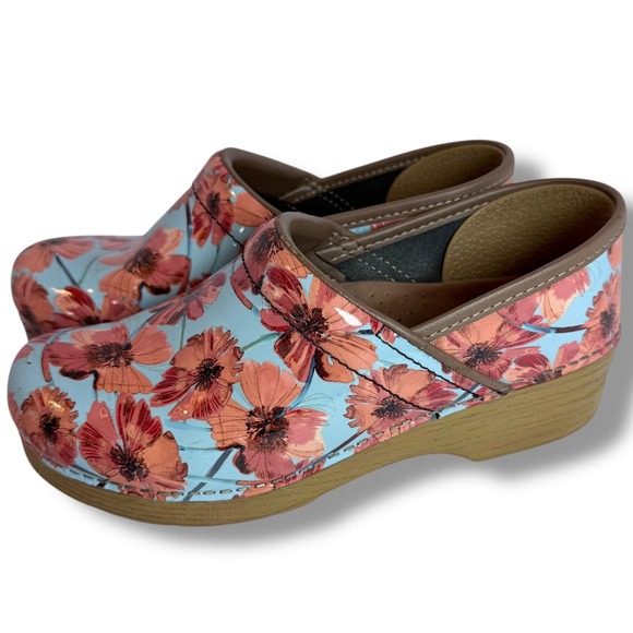 Dansko Floral Leather Clogs Women's Size 8 39 Blue Orange Flowers Shoes - Picture 2 of 14